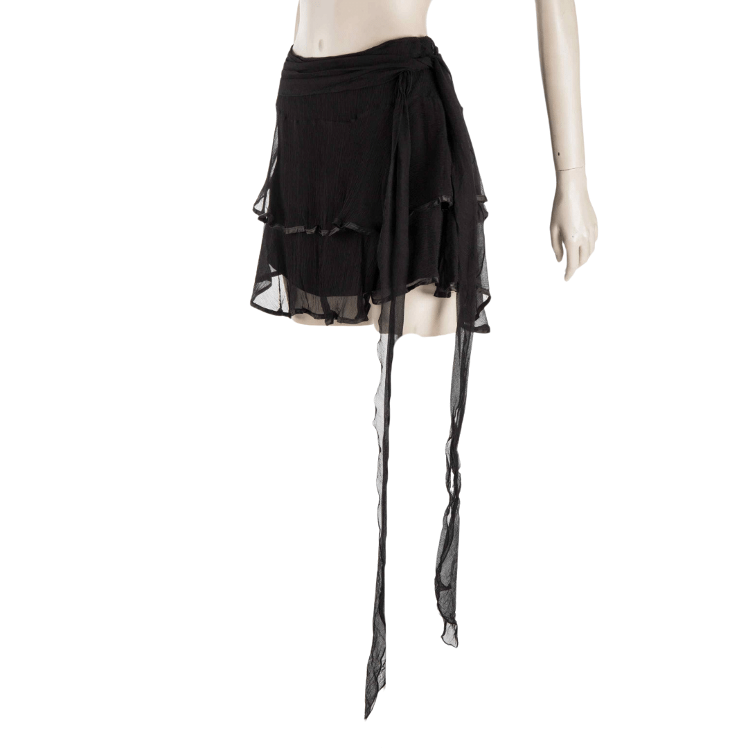 Silk ruffle-tiered mini skirt with a wrap belt - M