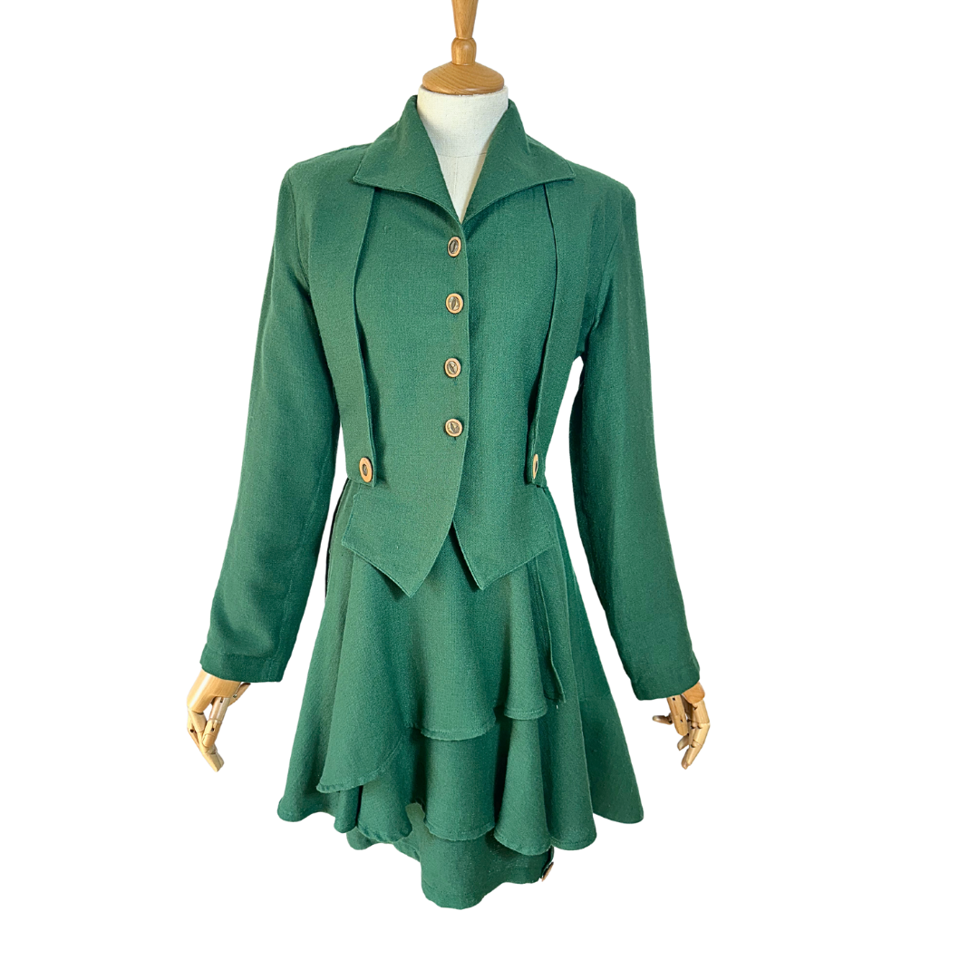 Green 70s vintage jacket and tiered skirt set - S