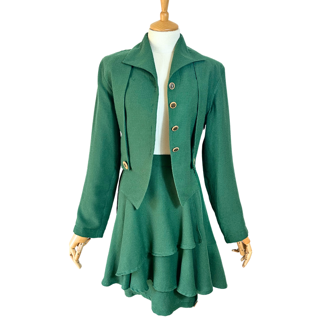 Green 70s vintage jacket and tiered skirt set - S