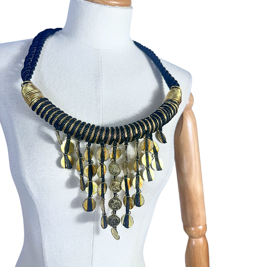 Black and gold statement rope and coin statement necklace