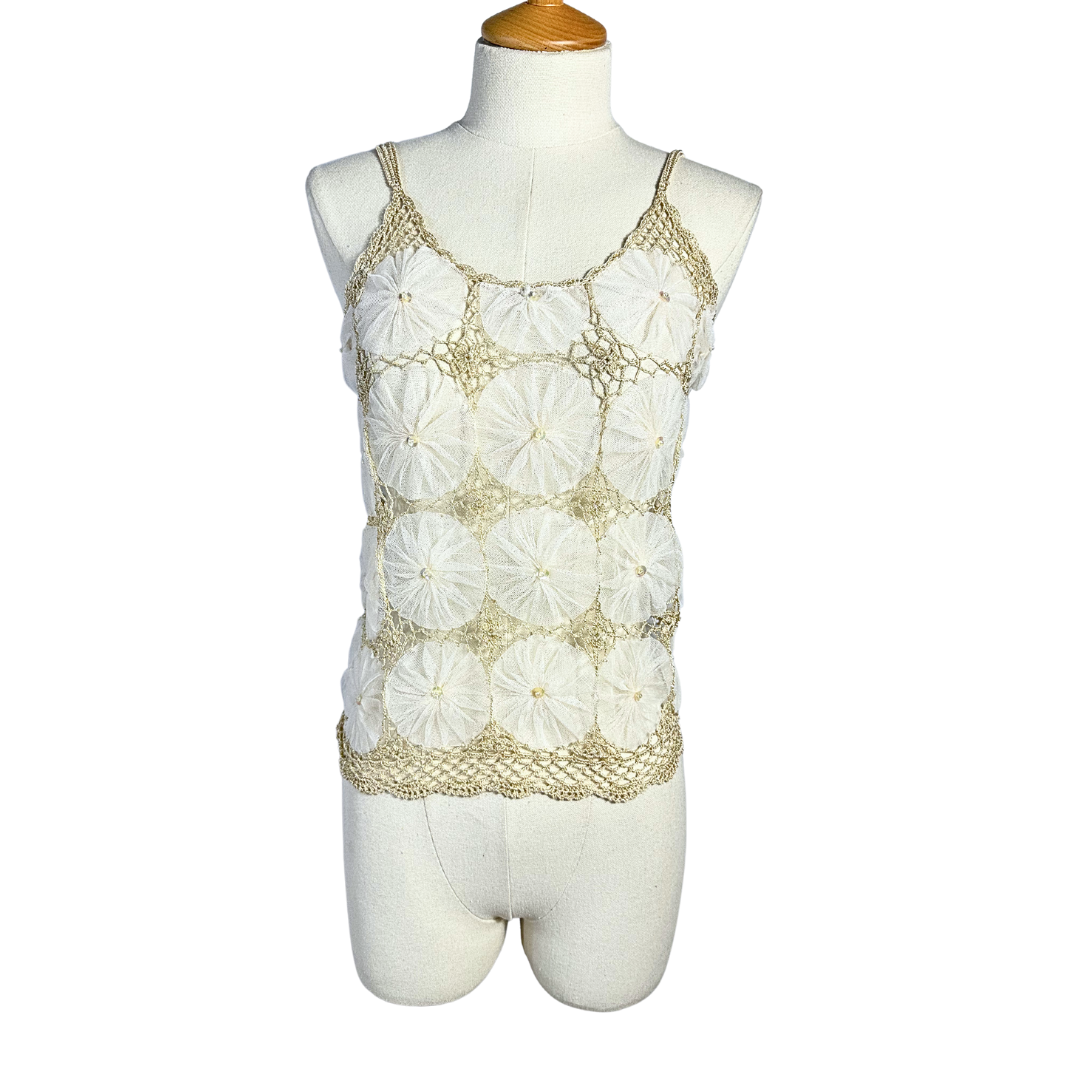 Floral mesh and crochet spaghetti strap top - S