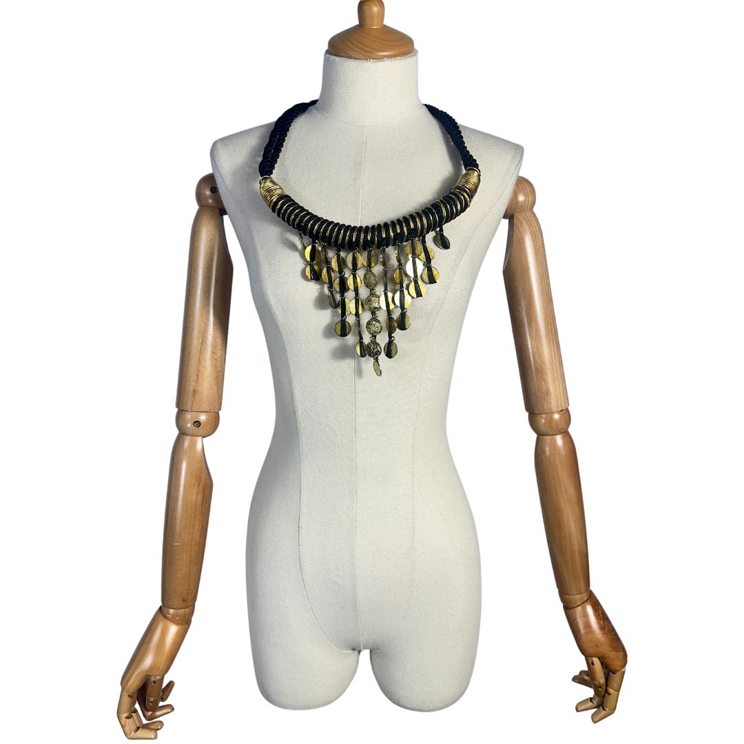 Black and gold statement rope and coin statement necklace