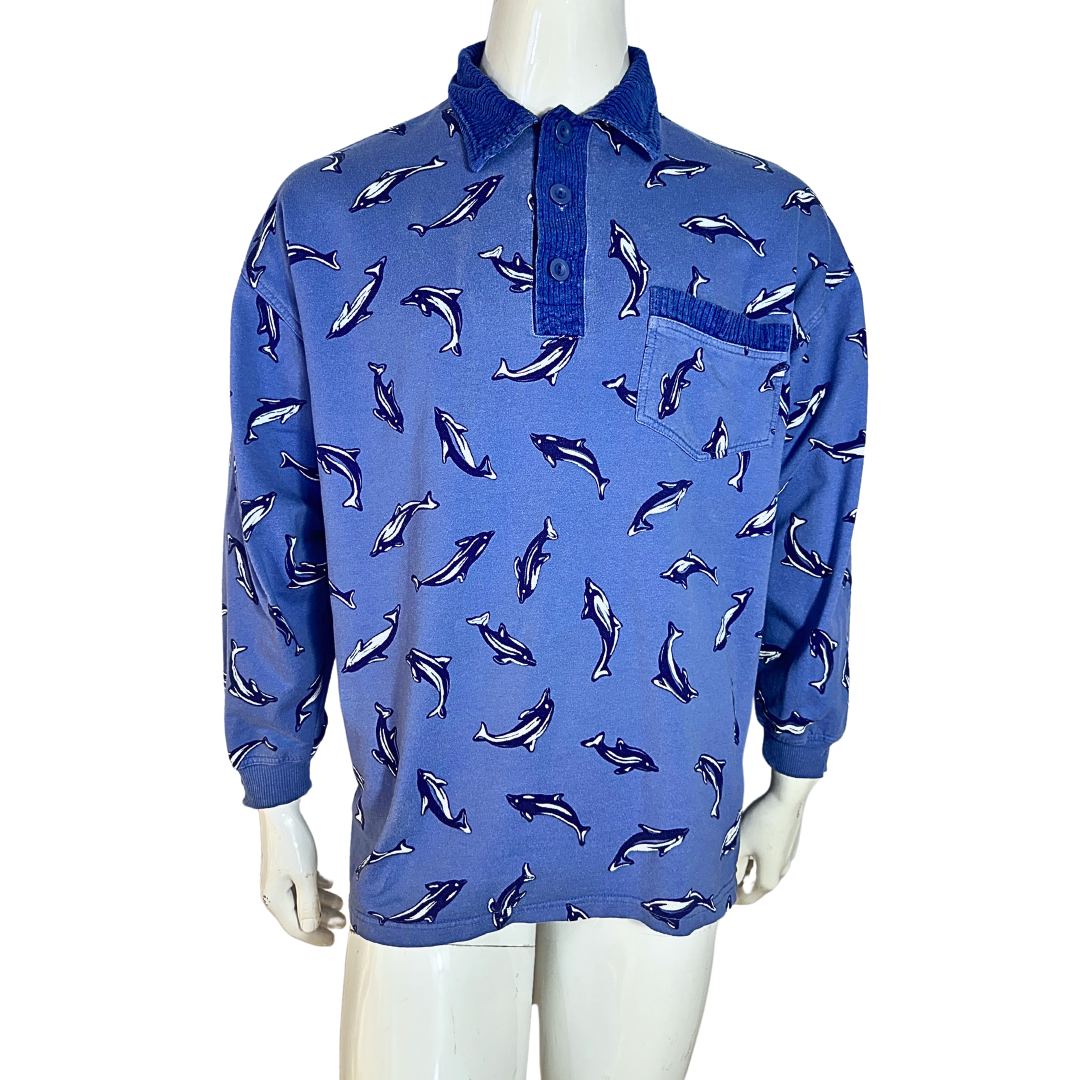 Blue 90s dolphin polo sweatshirt - L