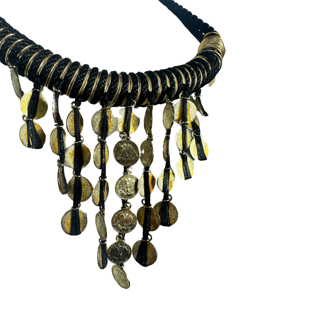 Black and gold statement rope and coin statement necklace