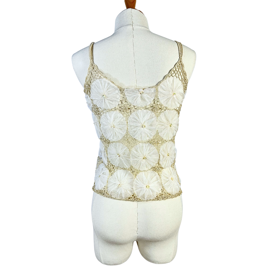 Floral mesh and crochet spaghetti strap top - S