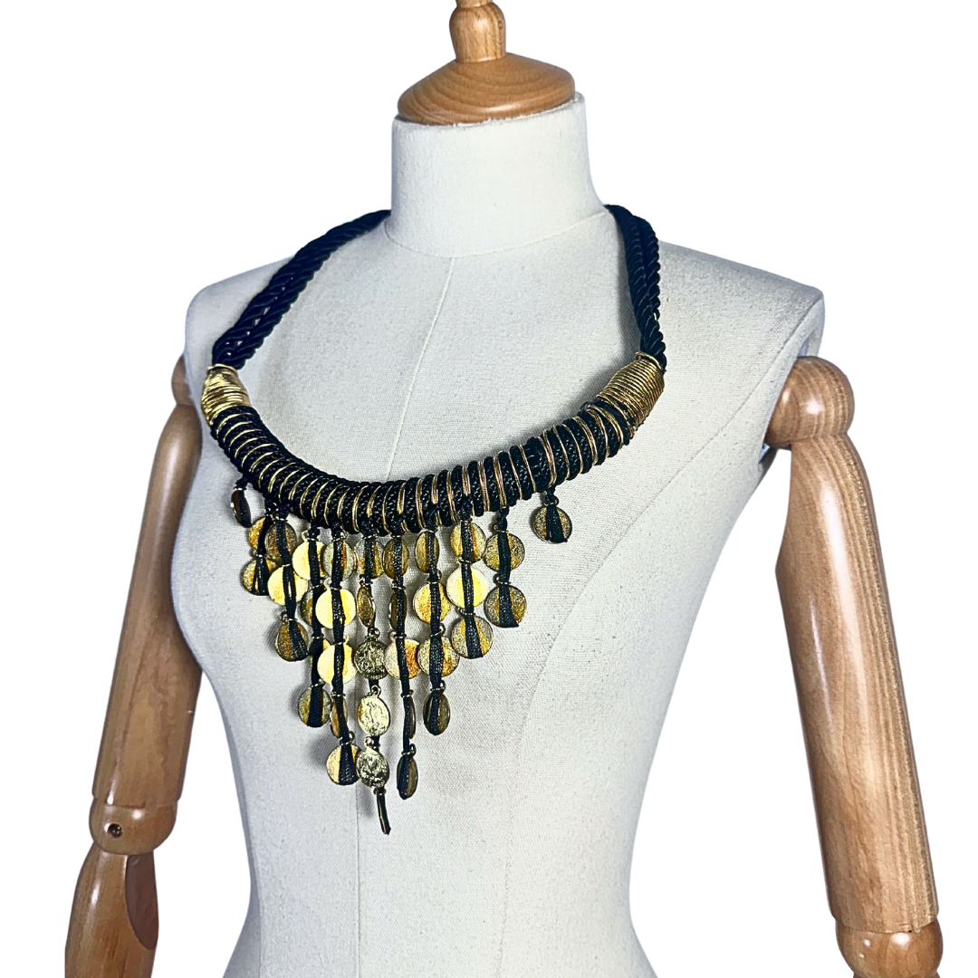 Black and gold statement rope and coin statement necklace