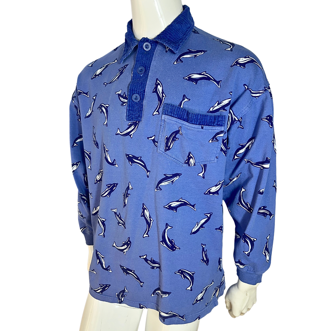 Blue 90s dolphin polo sweatshirt - L