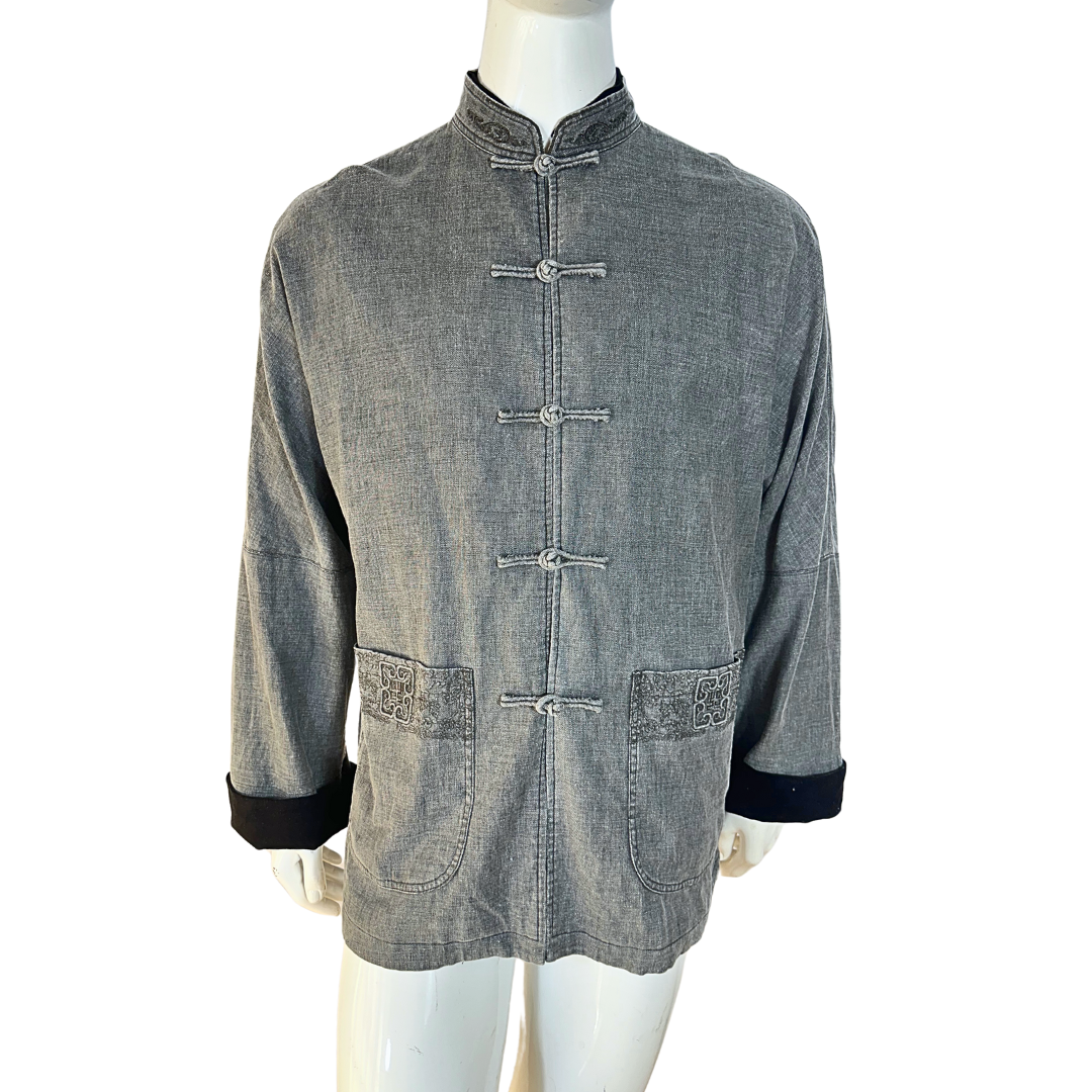 Grey oriental style linen blend shirt - M