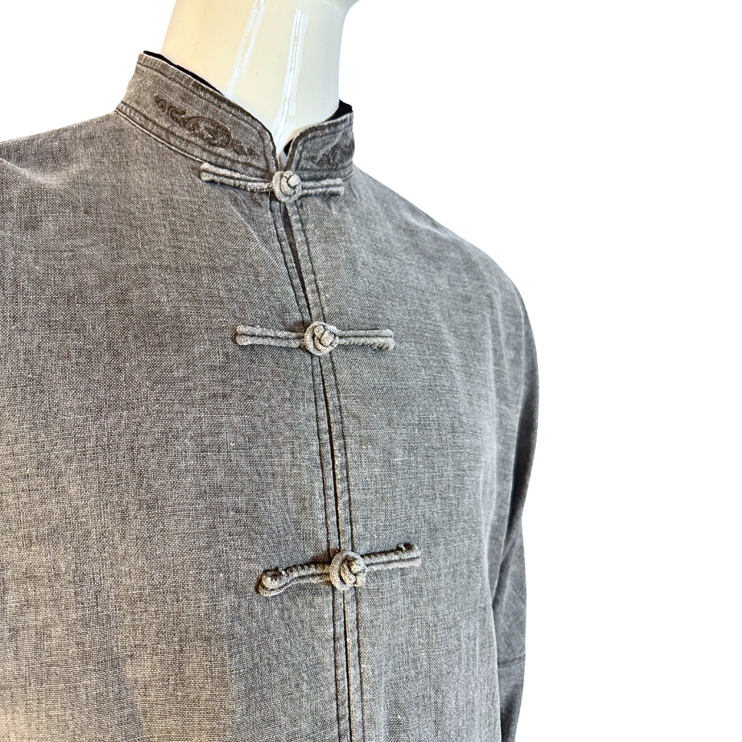 Grey oriental style linen blend shirt - M