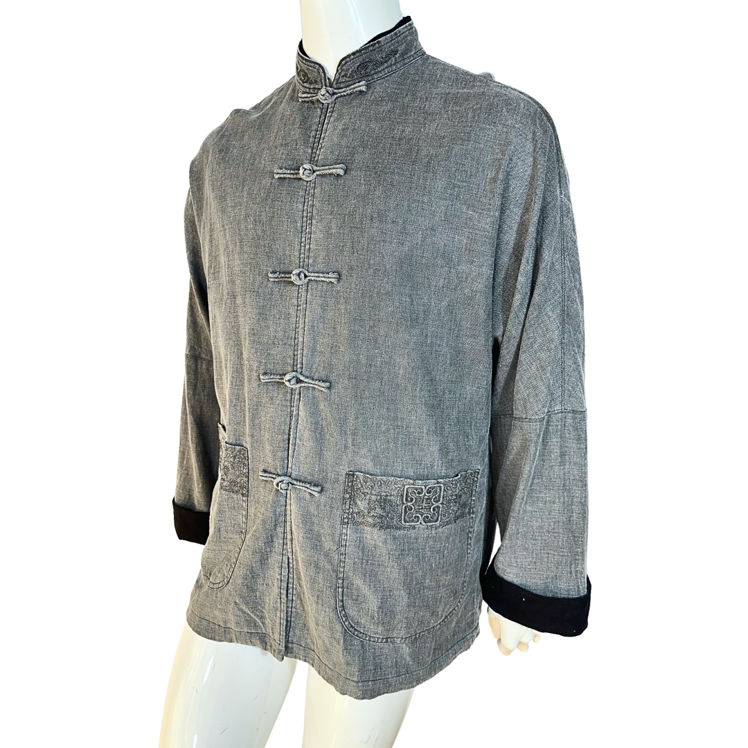 Grey oriental style linen blend shirt - M