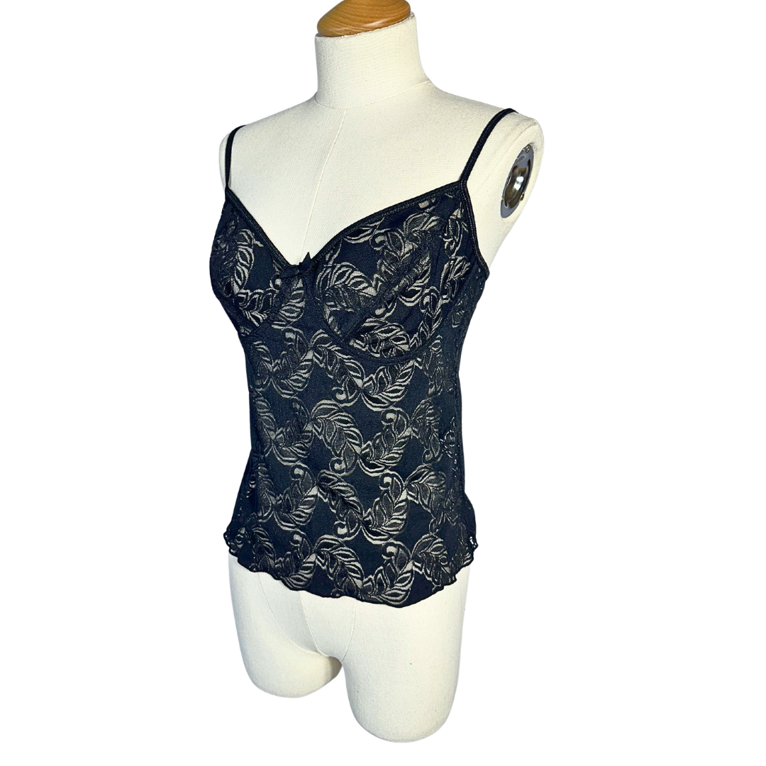 Black sheer leaf pattern lingerie top - M