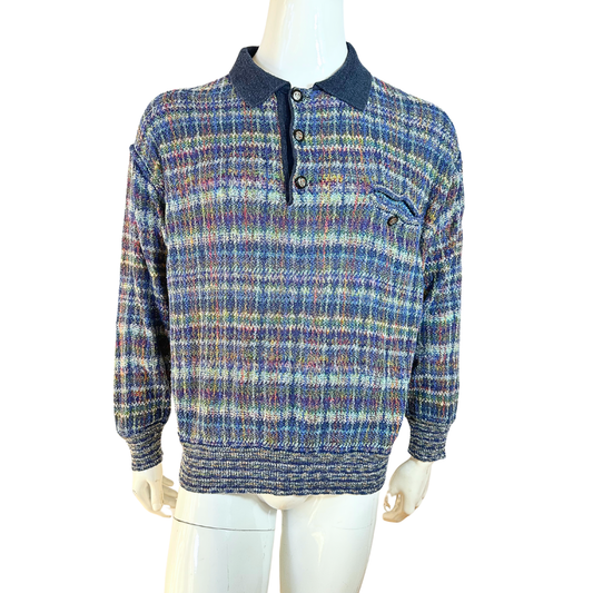 Vintage check knit polo shirt - XL