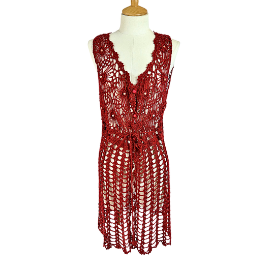 Red vintage beaded floral crochet gilet - S