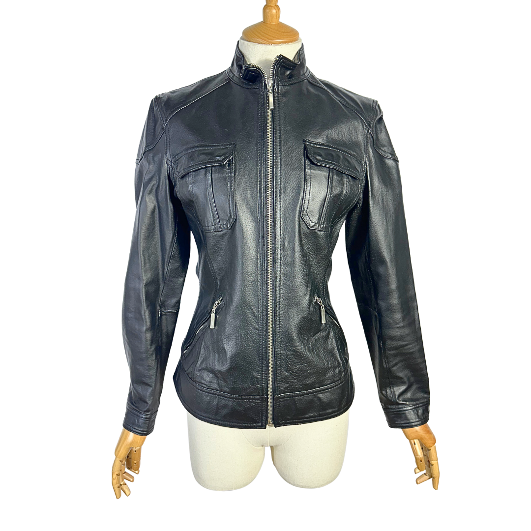 Black Y2K leather biker jacket - S