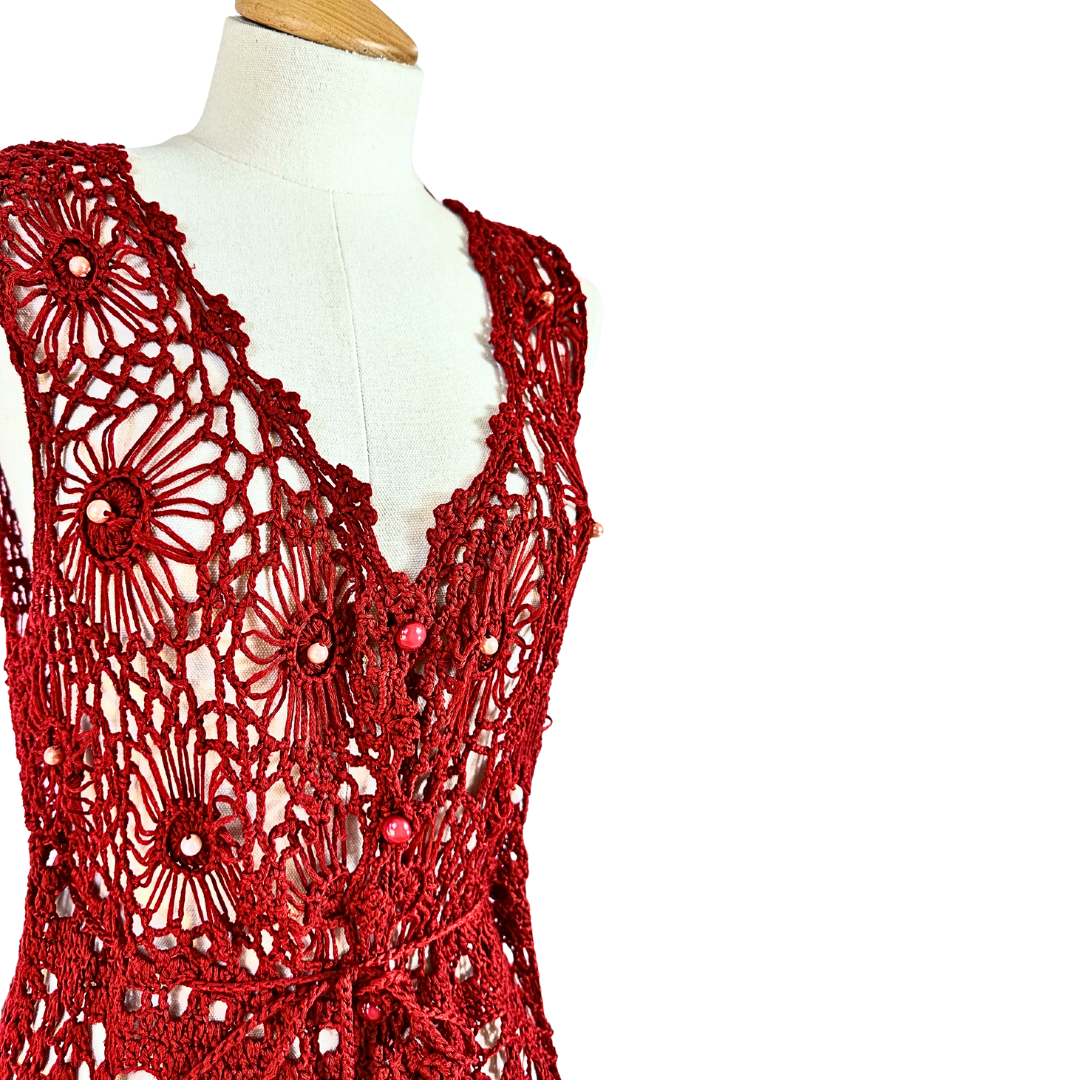 Red vintage beaded floral crochet gilet - S