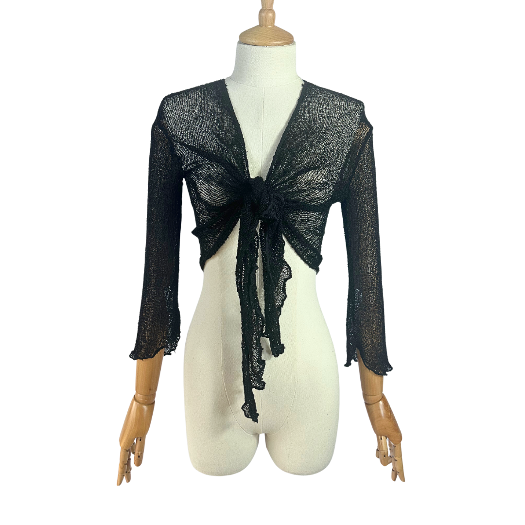 Black vintage tie front knitted top - S