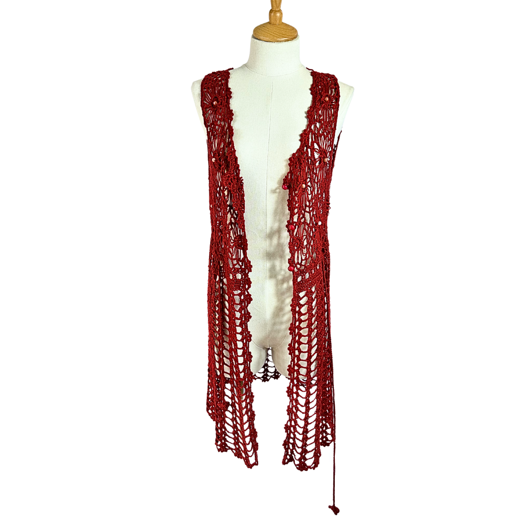 Red vintage beaded floral crochet gilet - S