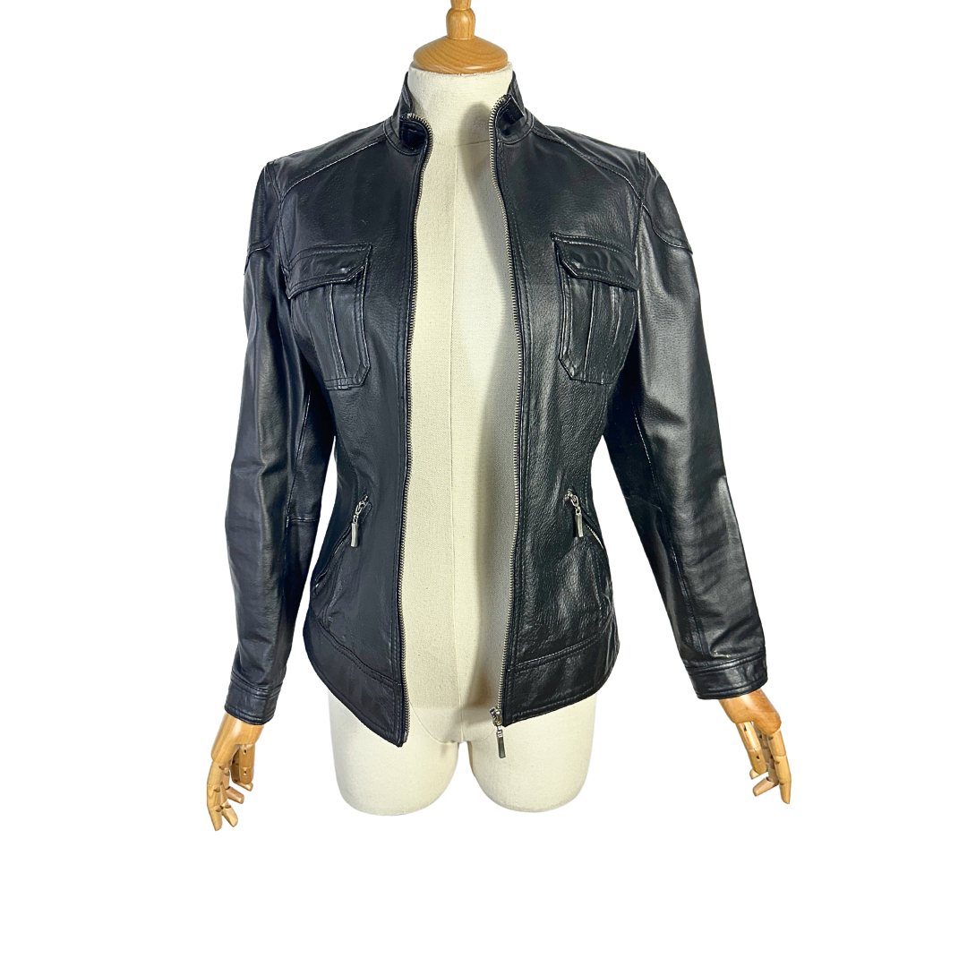 Black Y2K leather biker jacket - S
