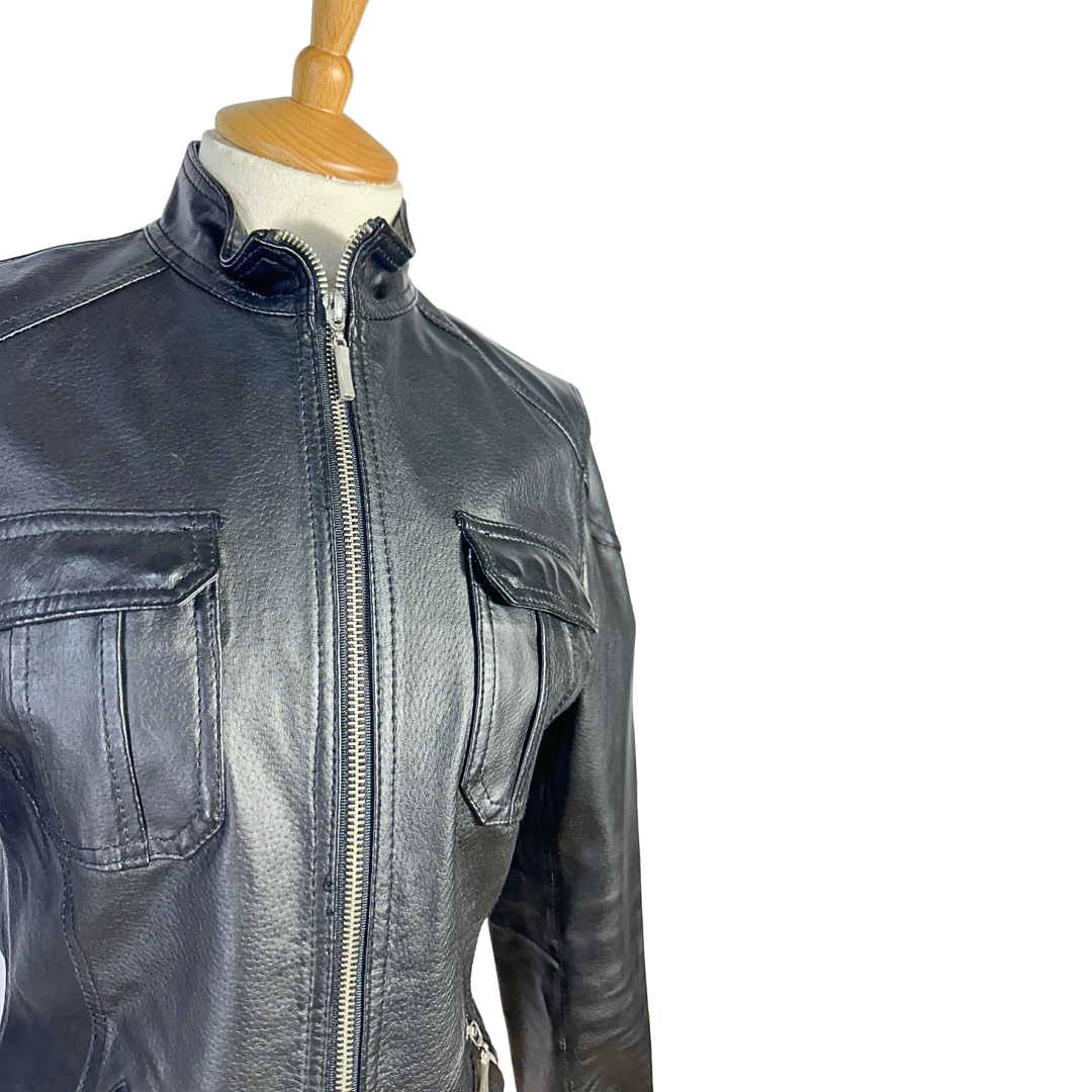 Black Y2K leather biker jacket - S