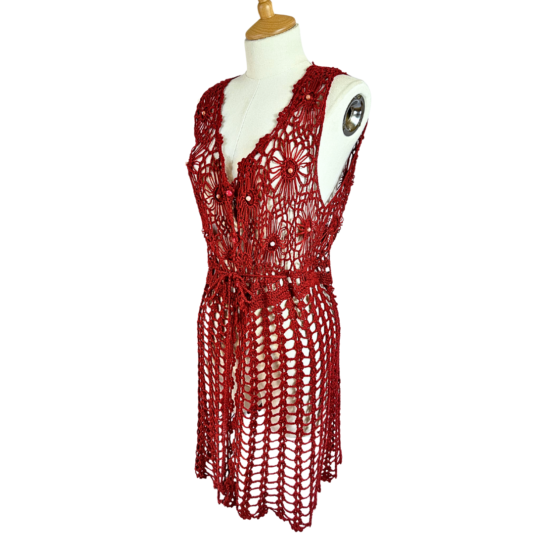 Red vintage beaded floral crochet gilet - S