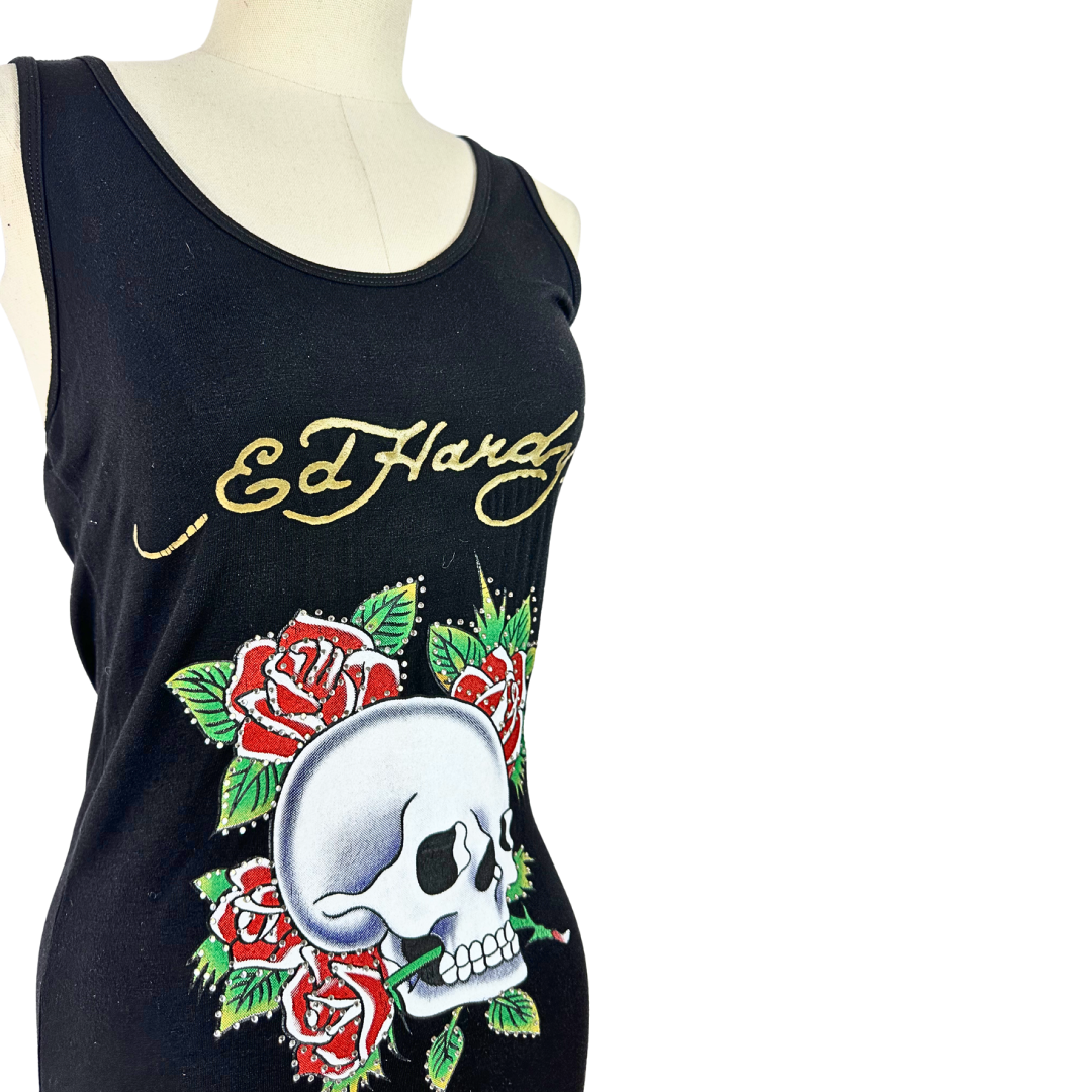 Ed Hardy skull and rose print tank dress - S