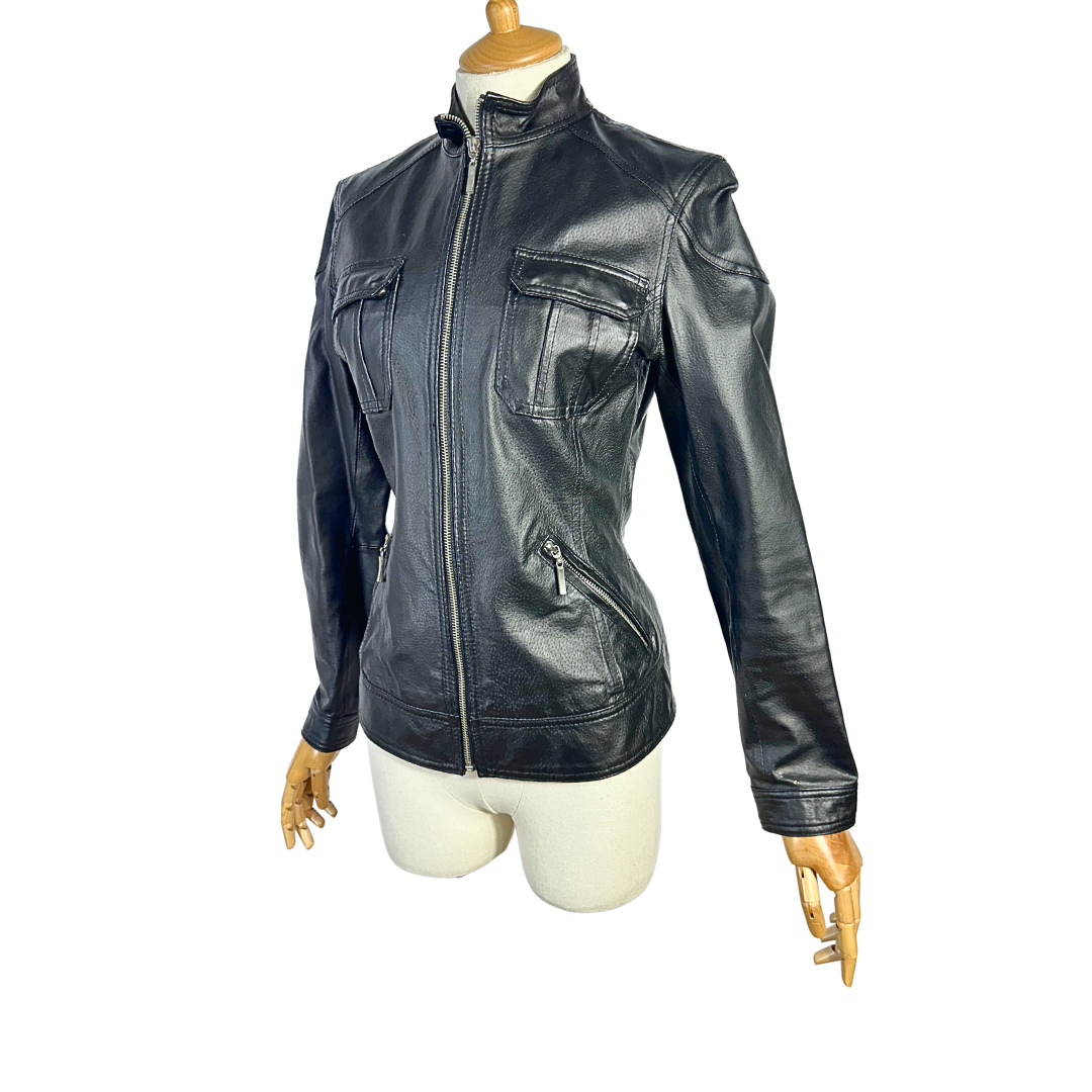 Black Y2K leather biker jacket - S