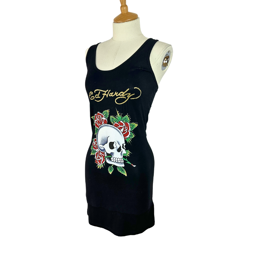 Ed Hardy skull and rose print tank dress - S