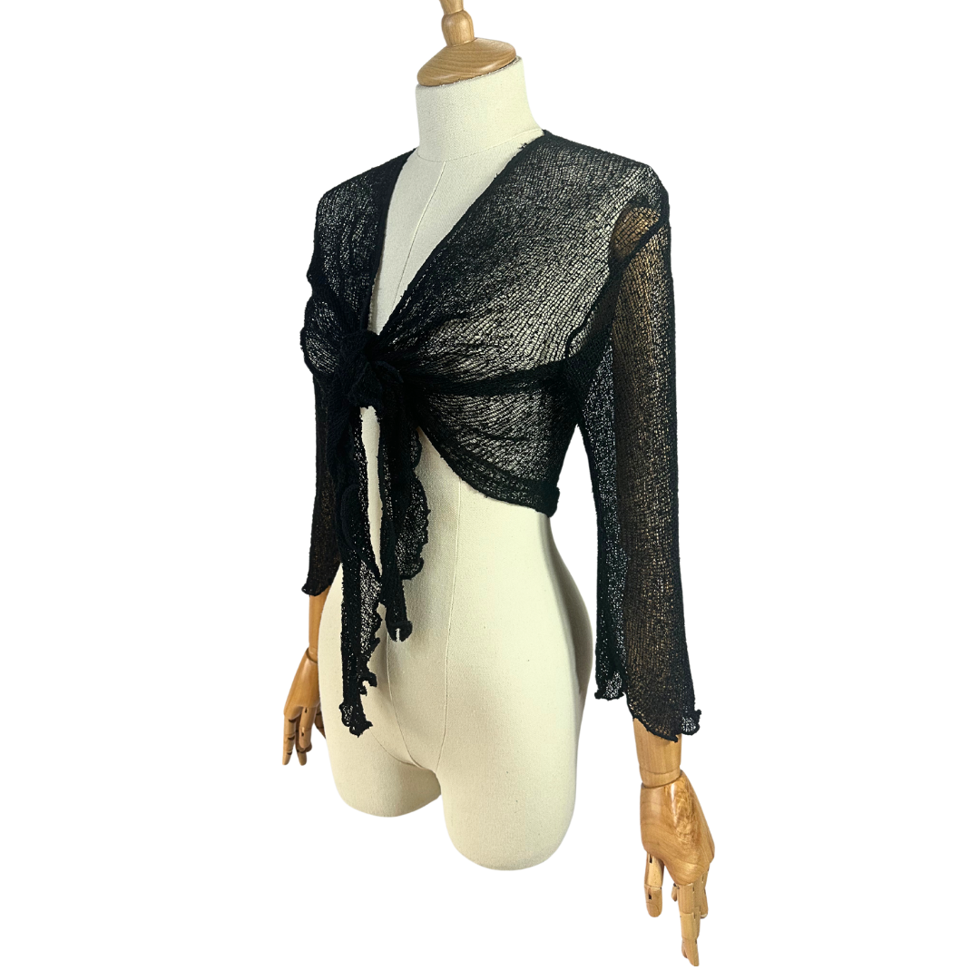 Black vintage tie front knitted top - S