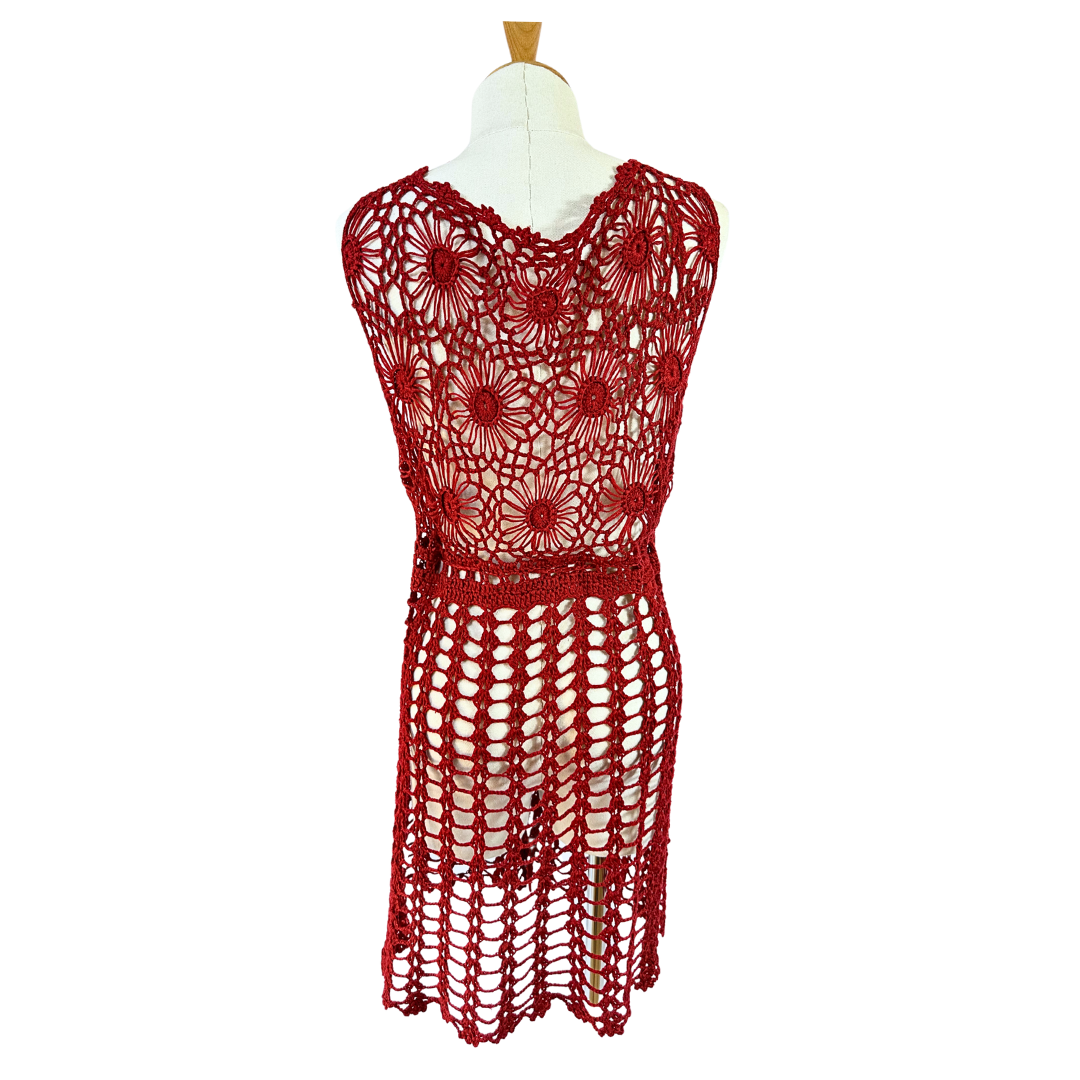 Red vintage beaded floral crochet gilet - S