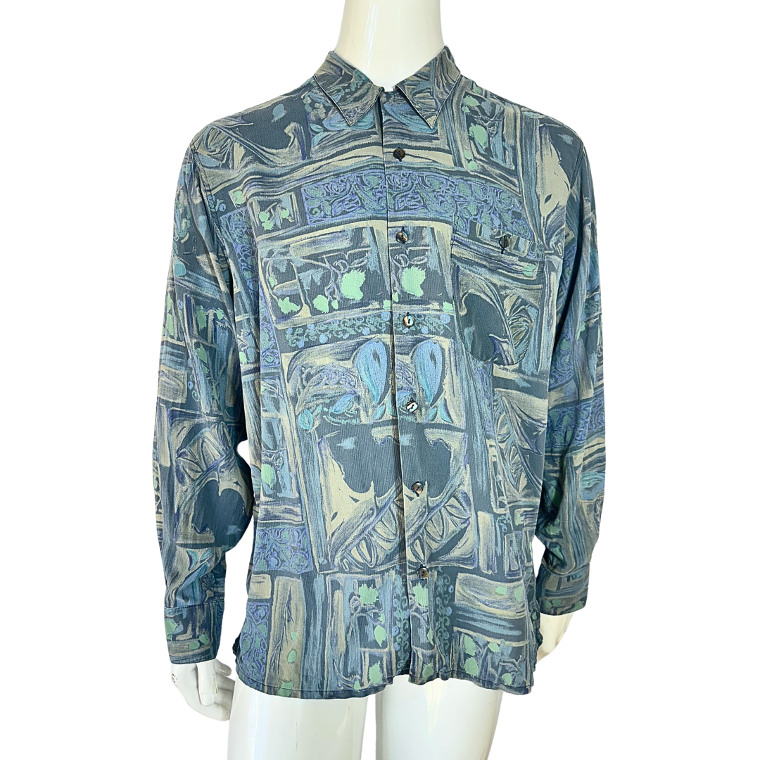 Blue vintage watercolour print silk shirt - M/L