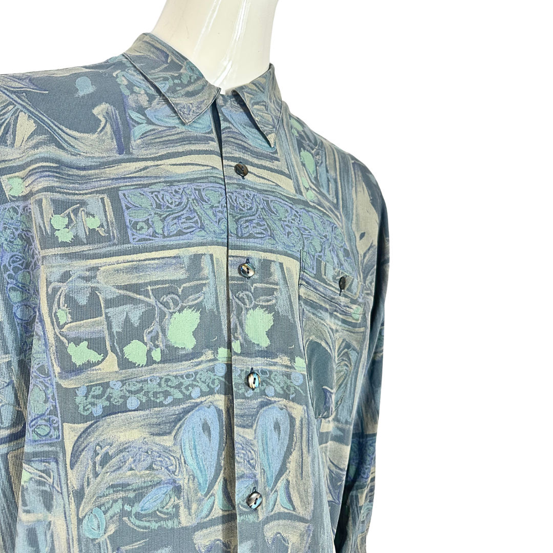 Blue vintage watercolour print silk shirt - M/L