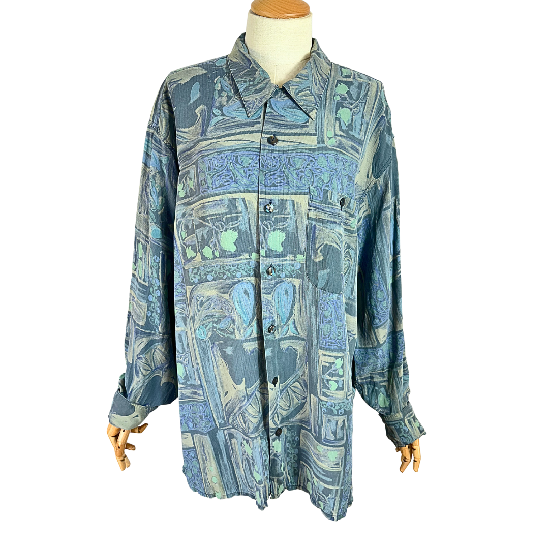 Blue vintage watercolour print silk shirt - M/L