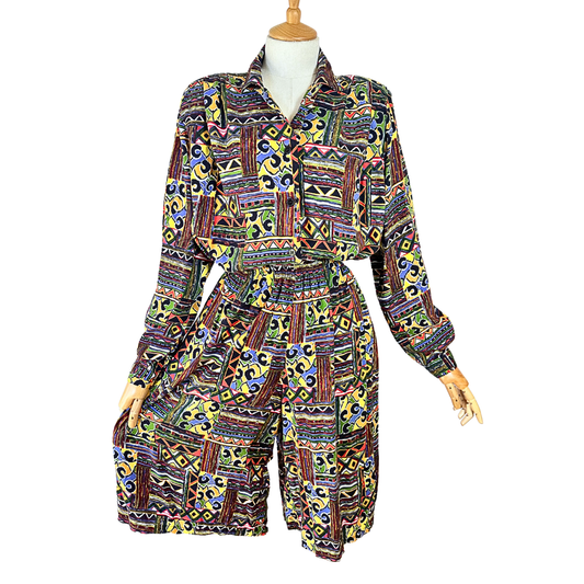 Colourful vintage abstract shirt and shorts set - M