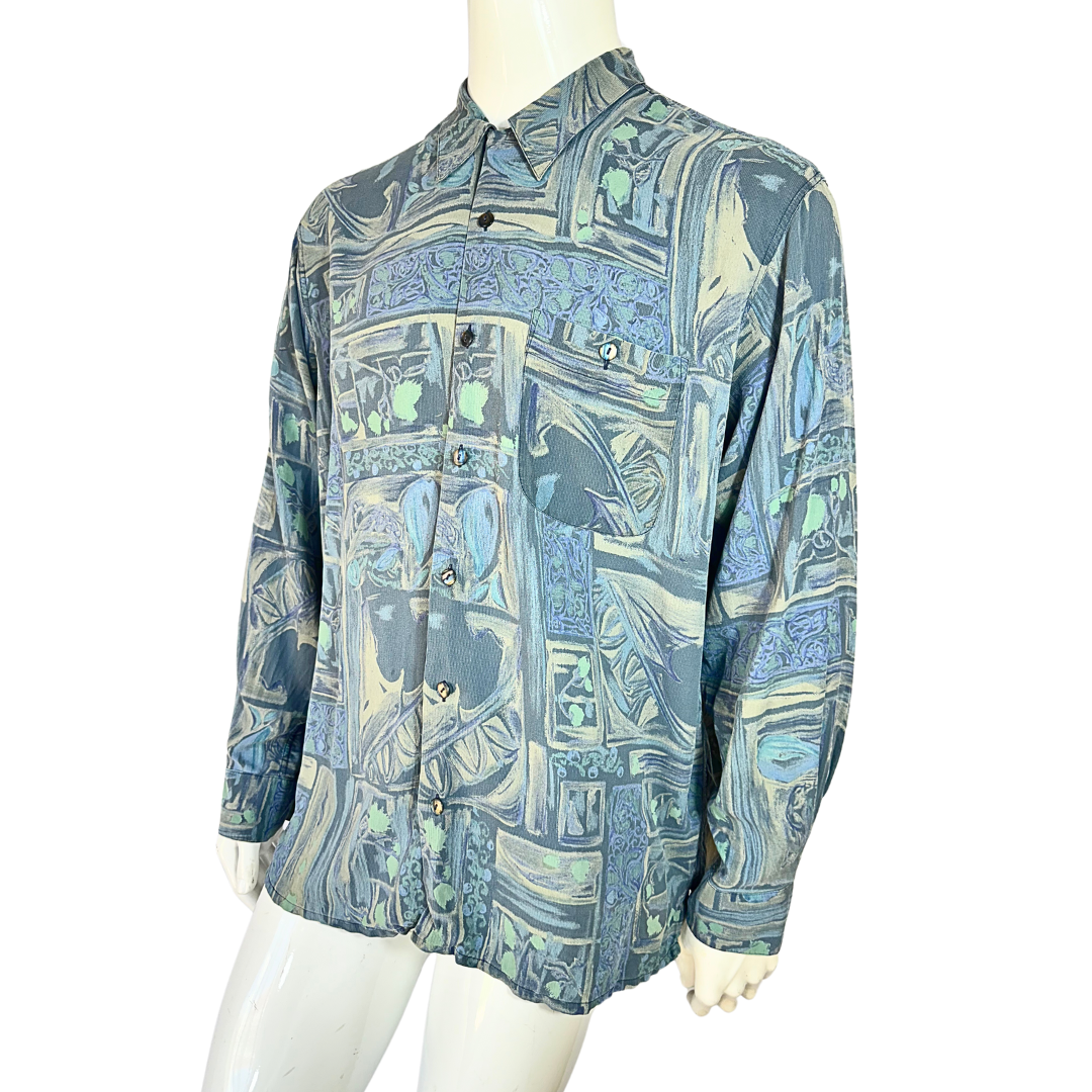 Blue vintage watercolour print silk shirt - M/L