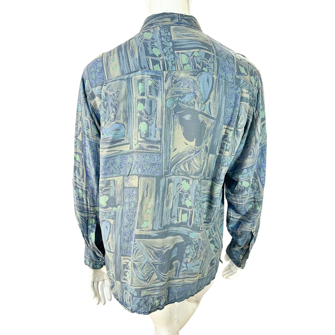 Blue vintage watercolour print silk shirt - M/L