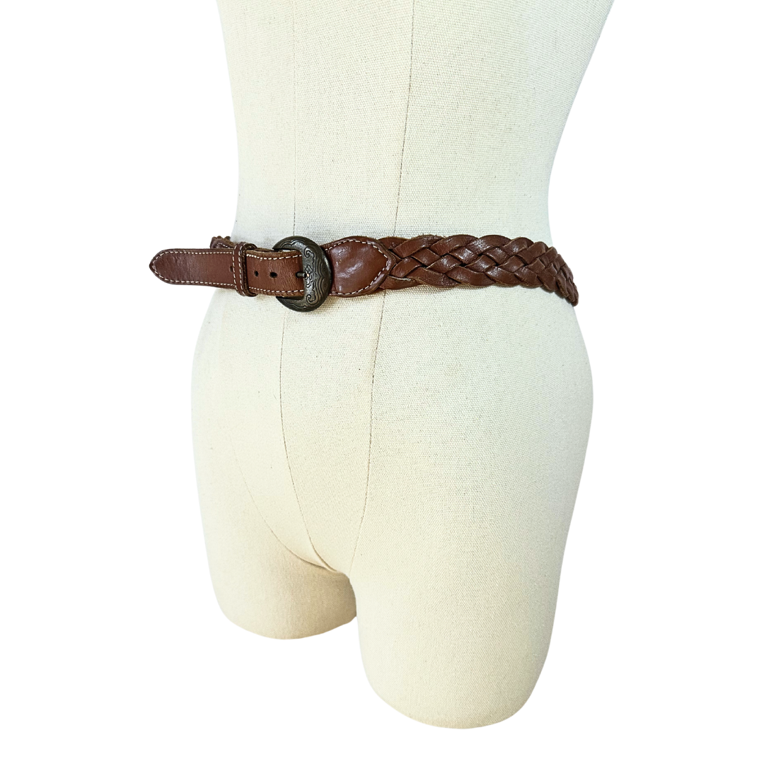 Brown vintage plaited leather belt - M/L