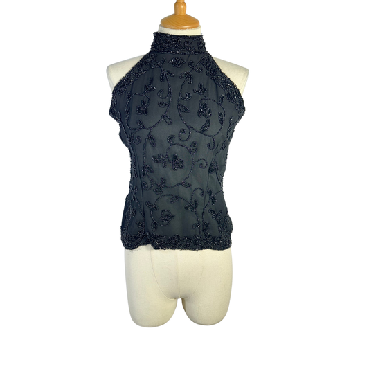 Black beaded halter neck top - M