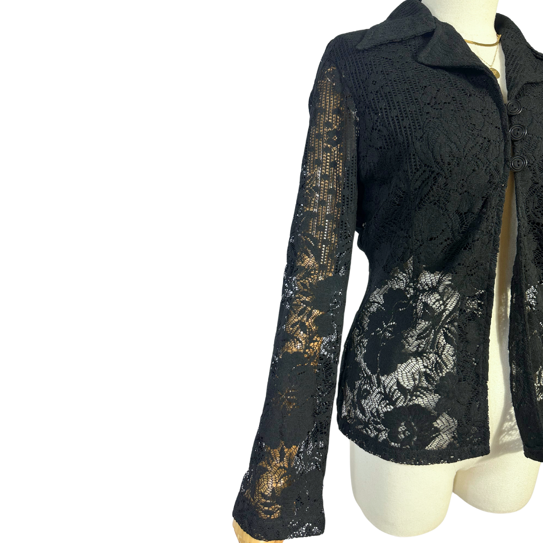 Black vintage sheer lace top - M