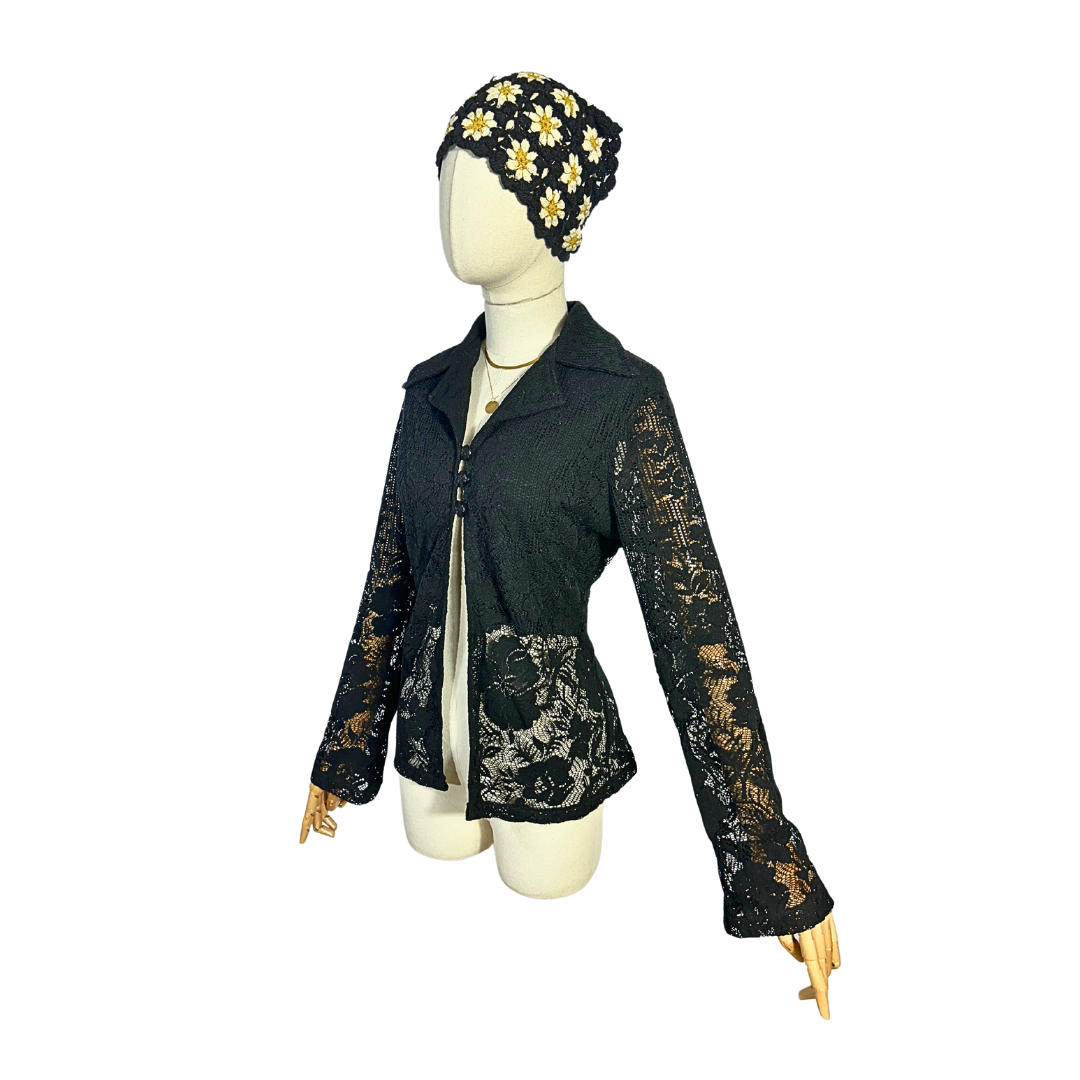 Black vintage sheer lace top - M