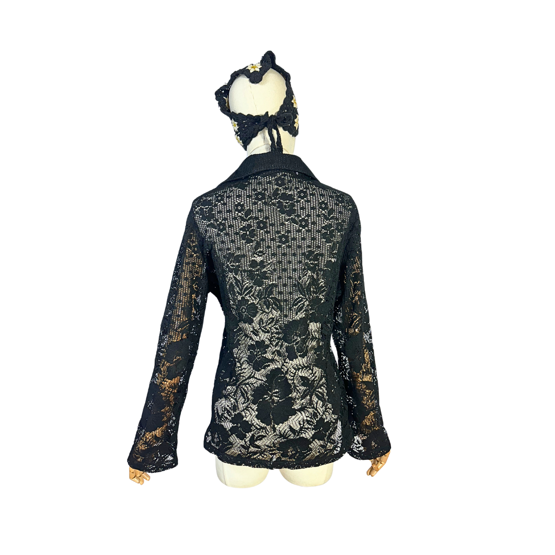 Black vintage sheer lace top - M