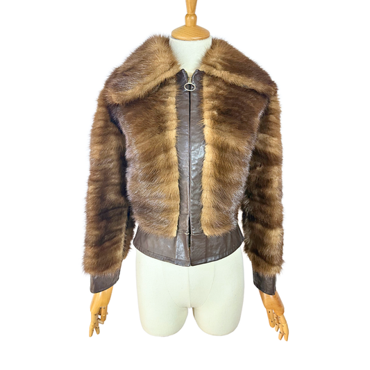 70s vintage leather and fur cropped jacket - S