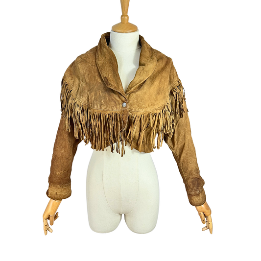 Brown vintage suede fringed cropped jacket - S