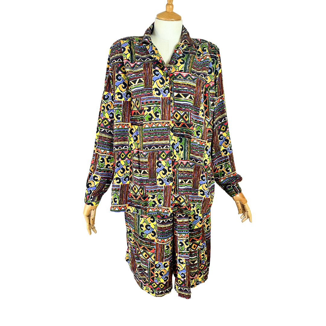 Colourful vintage abstract shirt and shorts set - M