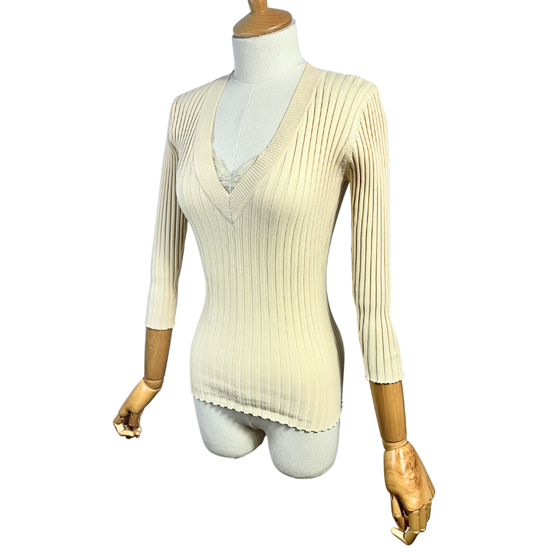 90s v neck ribbed knit top - S