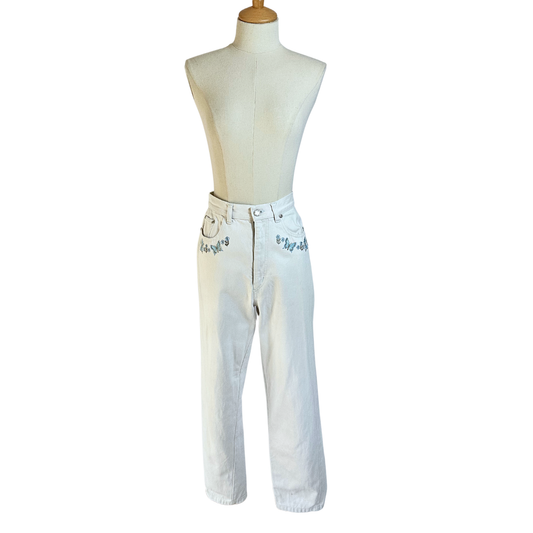 White vintage butterfly embroidered high waist pants - S/M