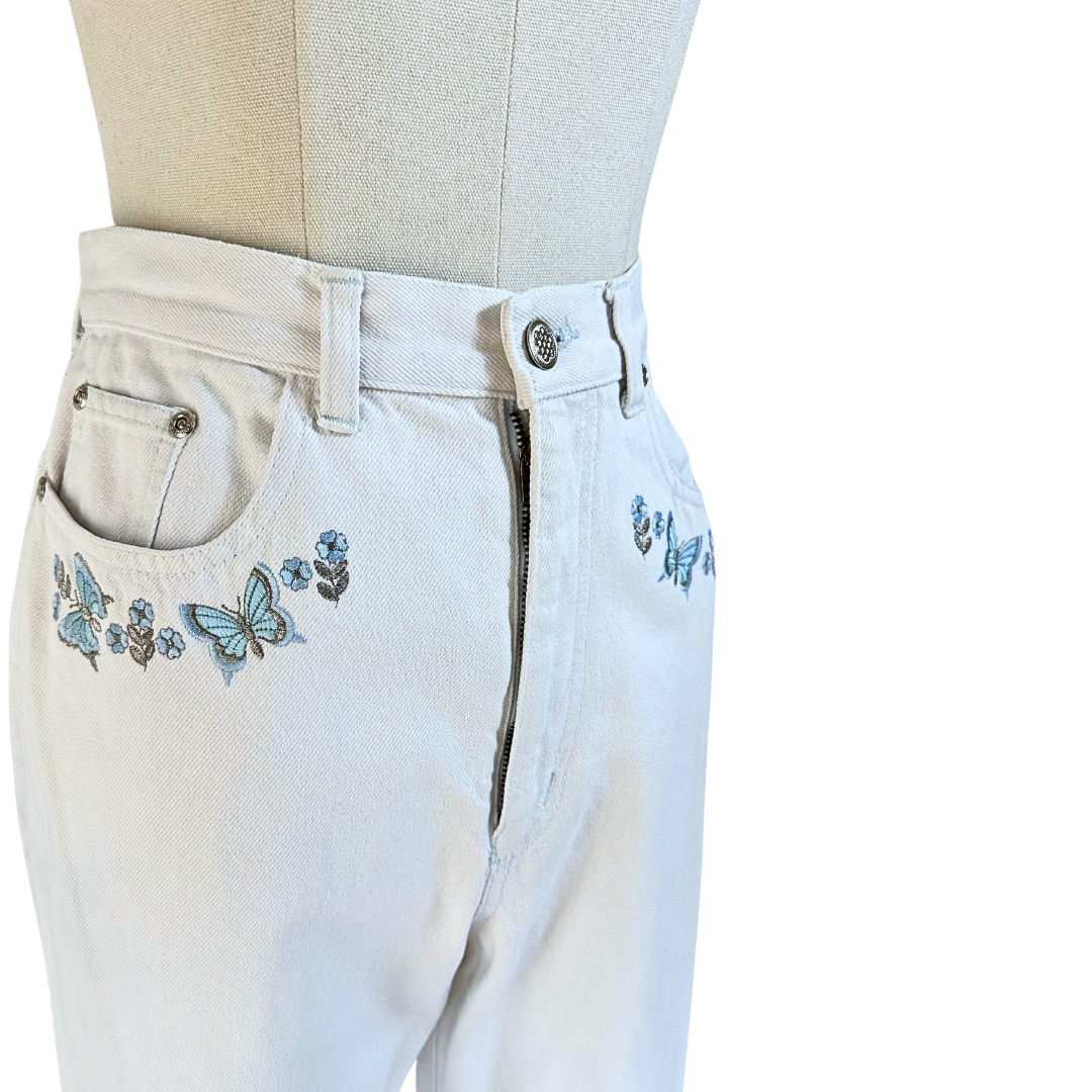 White vintage butterfly embroidered high waist pants - S/M