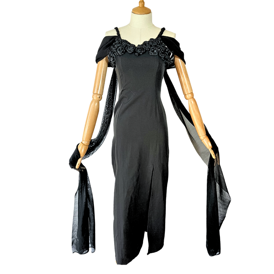 Black vintage evening dress with slit and 3D rosette embellishment - XS