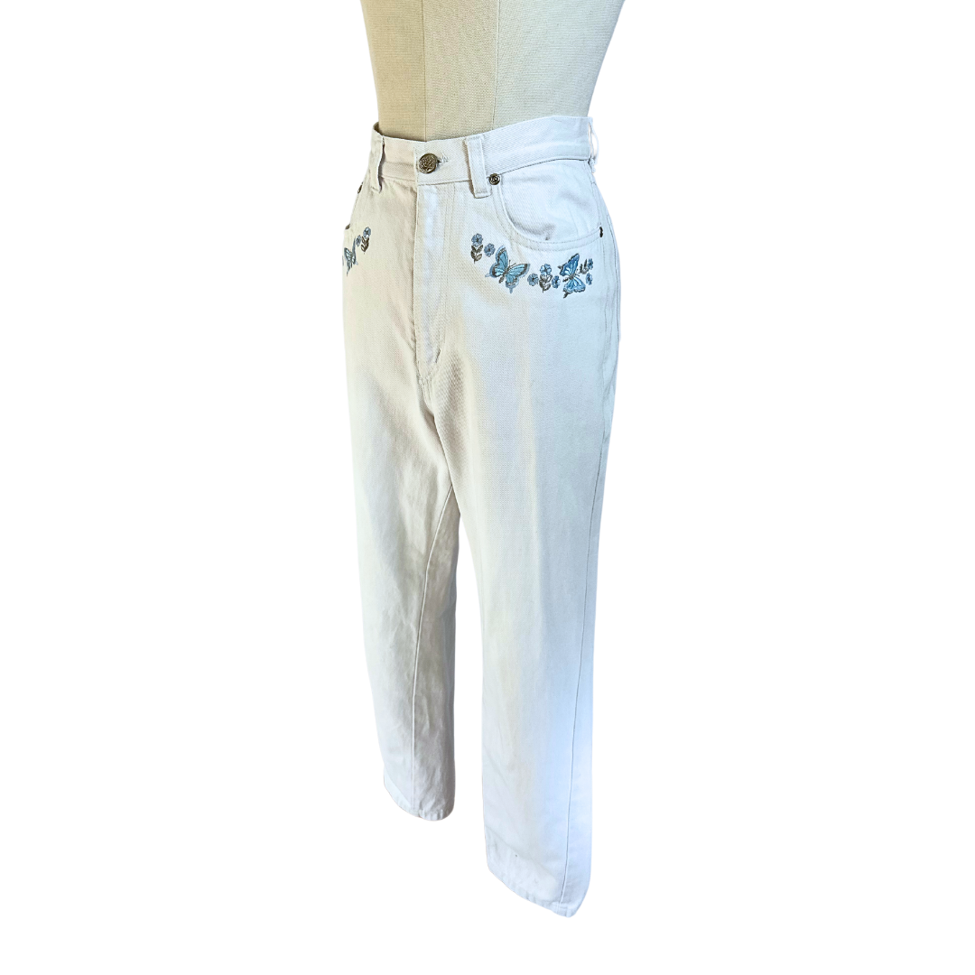 White vintage butterfly embroidered high waist pants - S/M