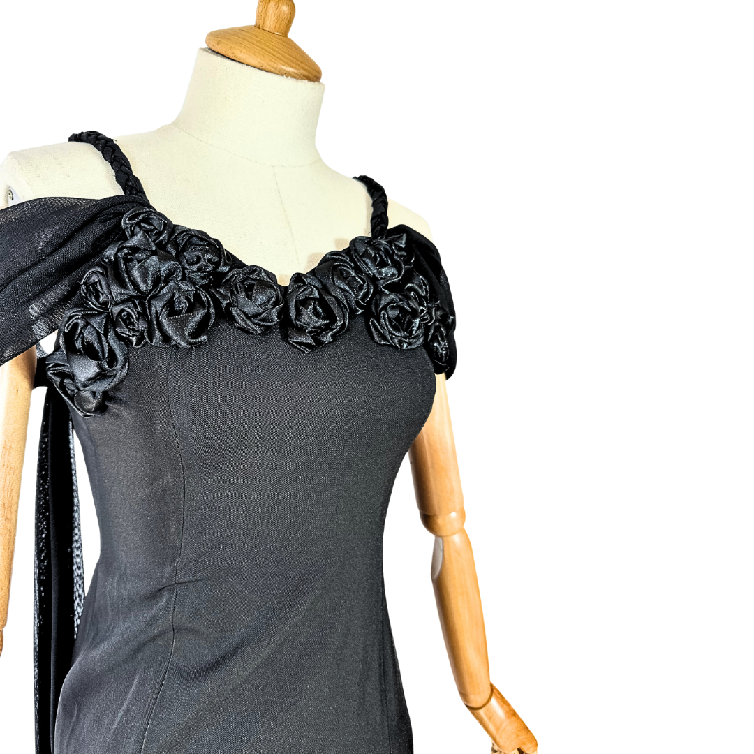 Black vintage evening dress with slit and 3D rosette embellishment - XS