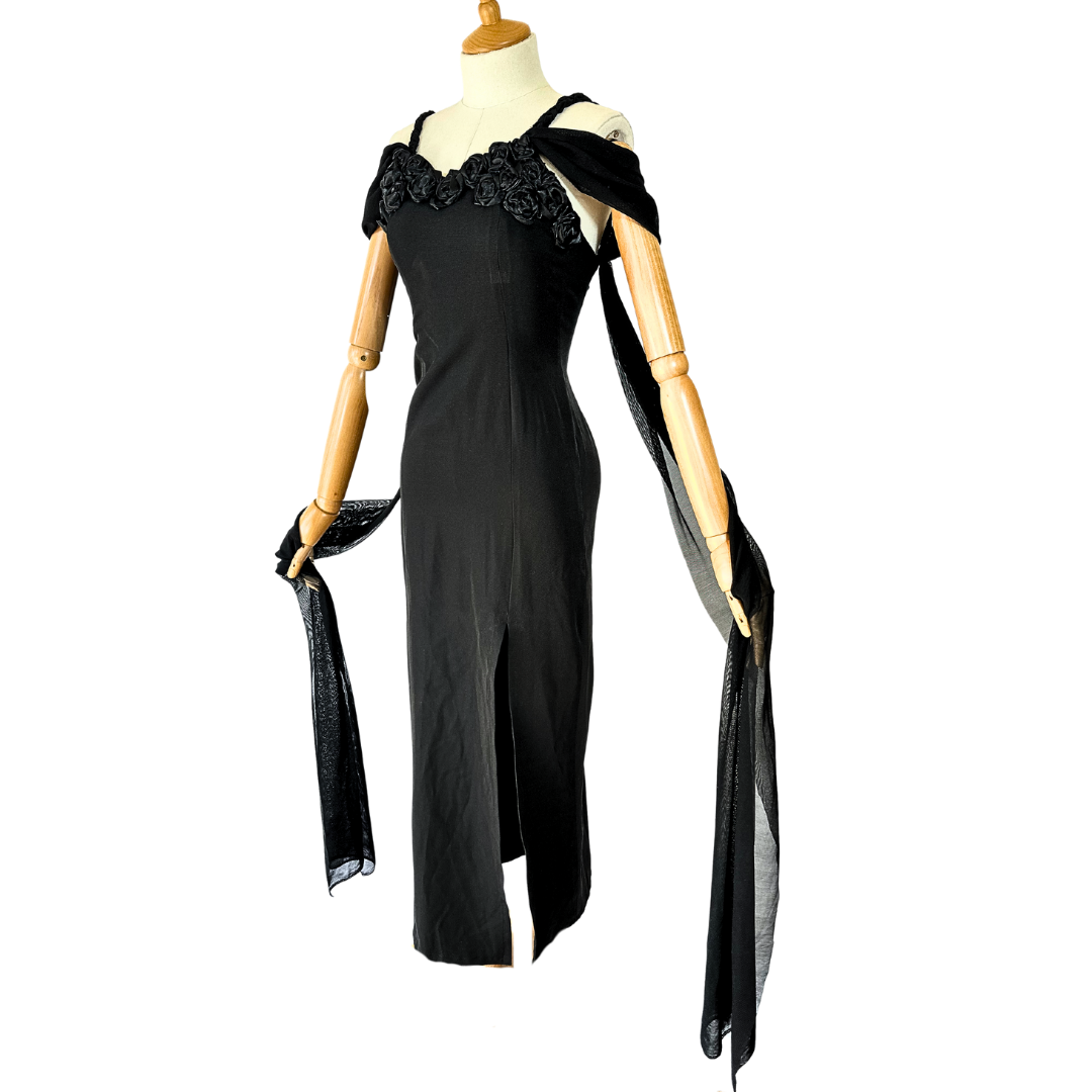 Black vintage evening dress with slit and 3D rosette embellishment - XS